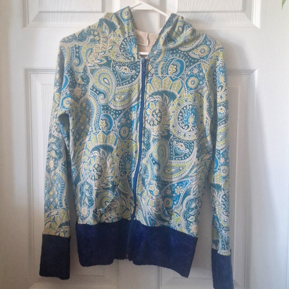 Vintage EUC Boho Paisley Hoodie Blue and Cream - US M